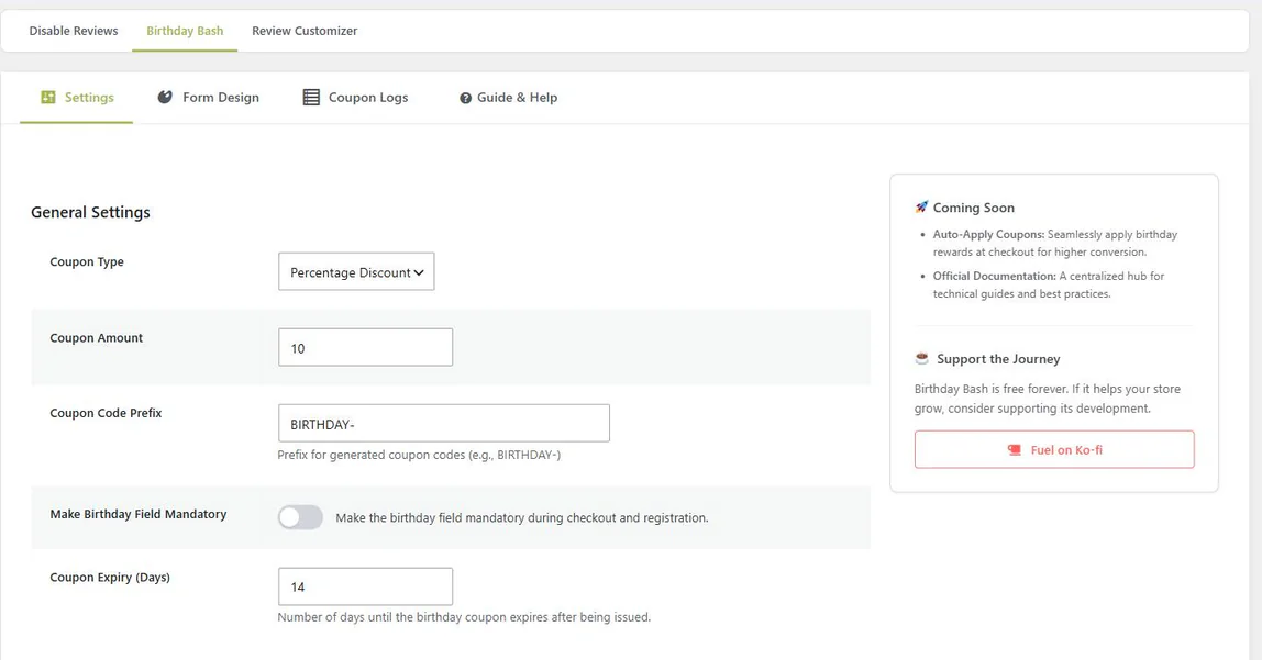 Birthday Bash settings screen showing coupon type, amount, code prefix, mandatory toggle and expiry in days