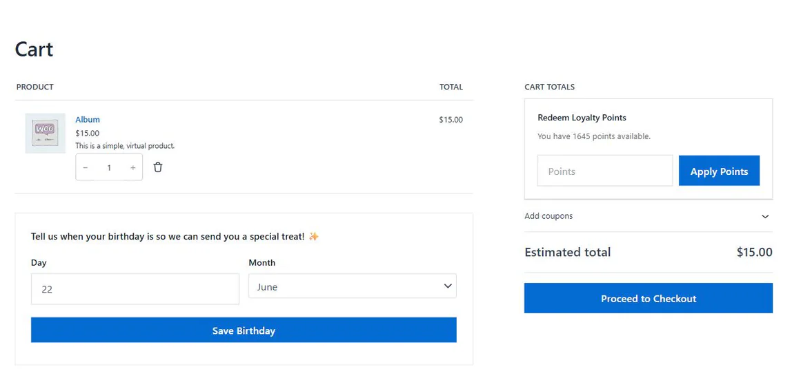WooCommerce cart page with the birthday day and month fields shown below the cart items
