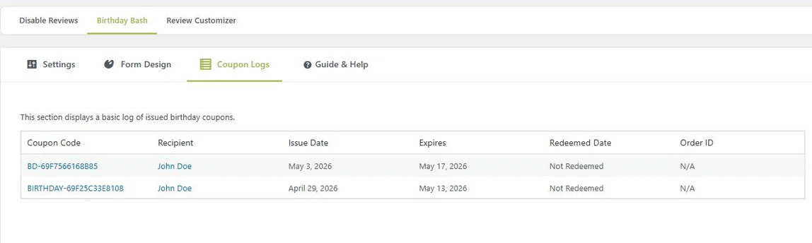 Coupon Logs table listing coupon code, recipient, issue date, expiry, redeemed date and order ID