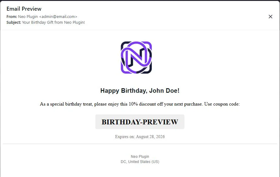 Live preview of the birthday coupon email showing the greeting, discount line, coupon code and expiry date