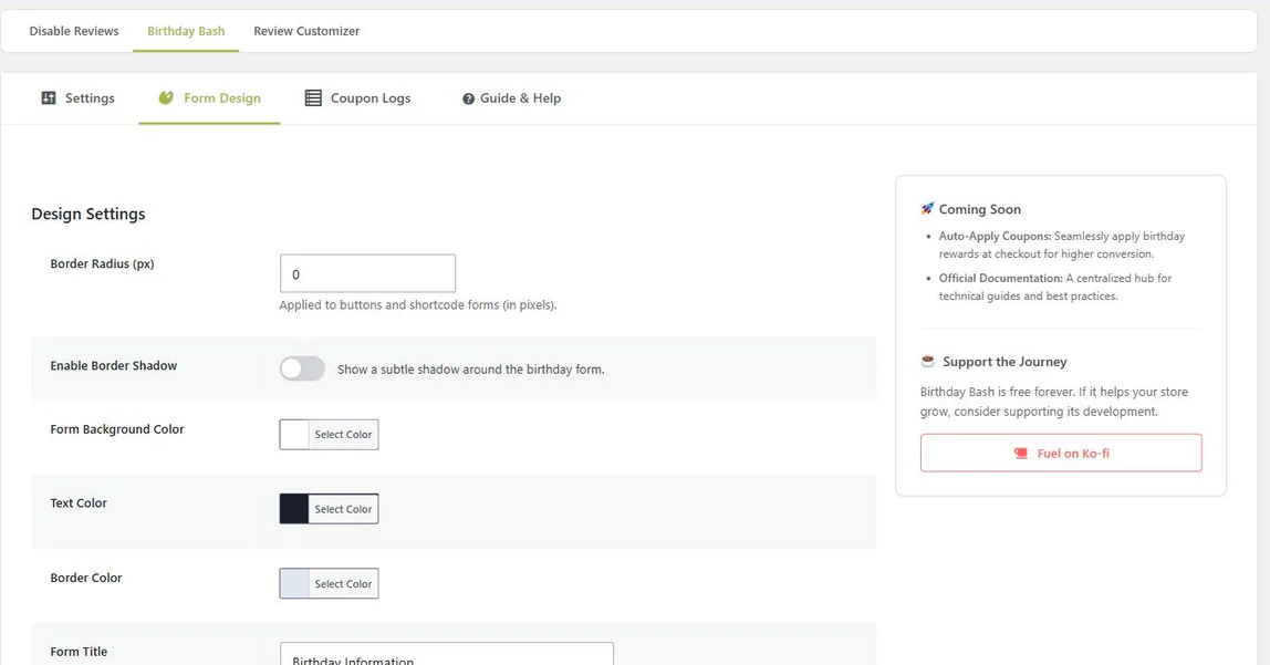 Form Design tab with border radius, shadow toggle, color pickers, form title and top message fields