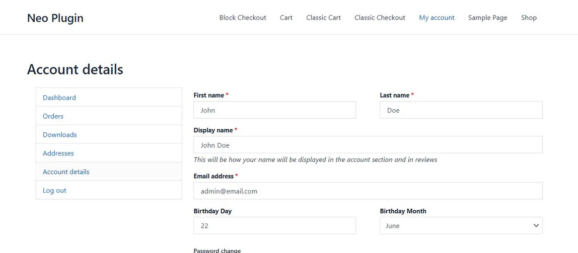 WooCommerce Account details page showing Birthday Day and Birthday Month fields below the email address