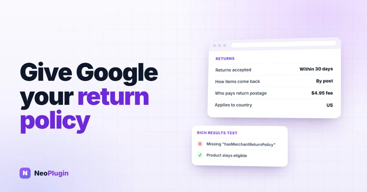 A WooCommerce product offer flagged Missing field "hasMerchantReturnPolicy", beside a Returns settings panel with a 30-day window, returns by post and a 4.95 dollar return fee