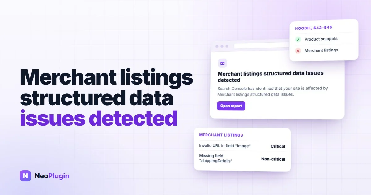 A Search Console email headed Merchant listings structured data issues detected, beside a Rich Results Test result where a variable WooCommerce product shows under Product snippets but not under Merchant listings, and a list of warnings marked critical or non-critical