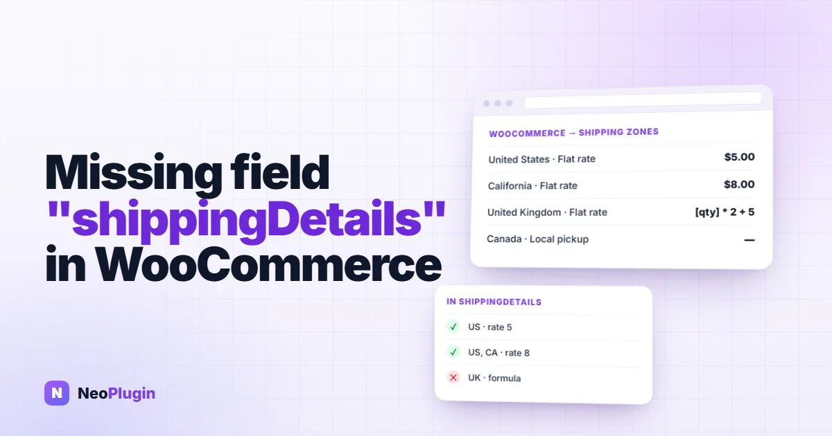 A WooCommerce product offer with the Search Console warning Missing field "shippingDetails", beside a shipping zones list where flat rates become markup and a formula rate is left out