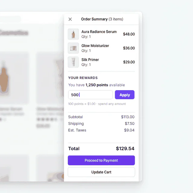 The redemption panel in a WooCommerce order summary. It shows
              the customer has 1,250 points available and a box where they enter
              how many to spend, with an Apply button beside it. Once 500 points
              are applied the form is replaced by a confirmation reading 500
              points applied, $5.00 off, with a Remove button beneath it. A
              Rewards Discount of $5.00 appears against the subtotal and the
              order total drops from $129.54 to $124.54.