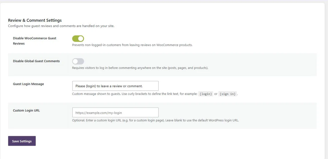 Review and comment settings screen with toggles for guest reviews and global guest comments, plus a guest login message and custom login URL