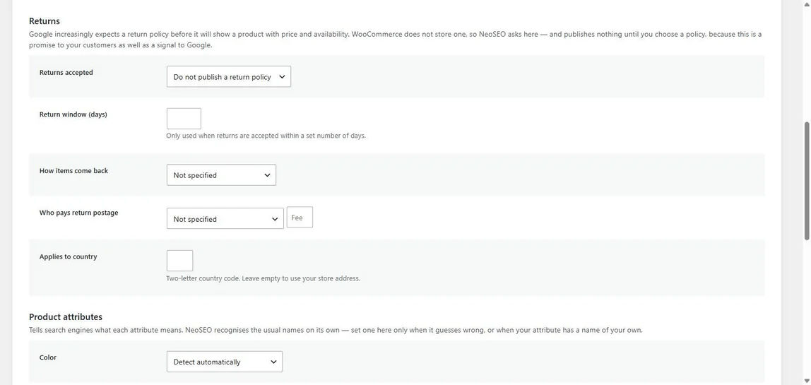The NeoSEO Returns settings: returns accepted, return window in days, how items come back, who pays return postage with an optional fee, and the country the policy applies to. Below them, the Product attributes section begins with Colour set to detect automatically.