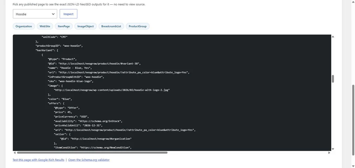 The NeoSEO schema inspector showing the markup for a Hoodie product: a productGroupID, a hasVariant list, and the first variant, Hoodie in blue, with its own SKU, image, colour and an offer of 45 US dollars, in stock.