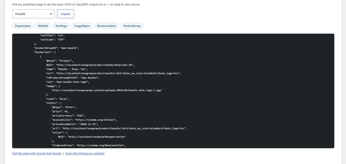 The NeoSERP schema inspector showing the markup for a Hoodie product: a productGroupID, a hasVariant list, and the first variant, Hoodie in blue, with its own SKU, image, colour and an offer of 45 US dollars, in stock.