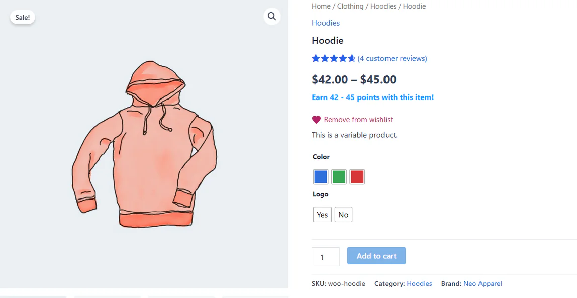 WooCommerce product page for a variable hoodie with the NeoWish button showing Remove from wishlist after a guest saved it