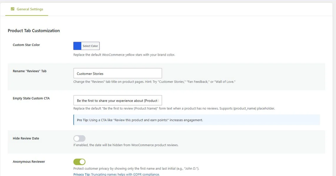 Review Customizer settings: custom star color, renamed Reviews tab, empty-state call to action, hide review date and anonymous reviewer toggles