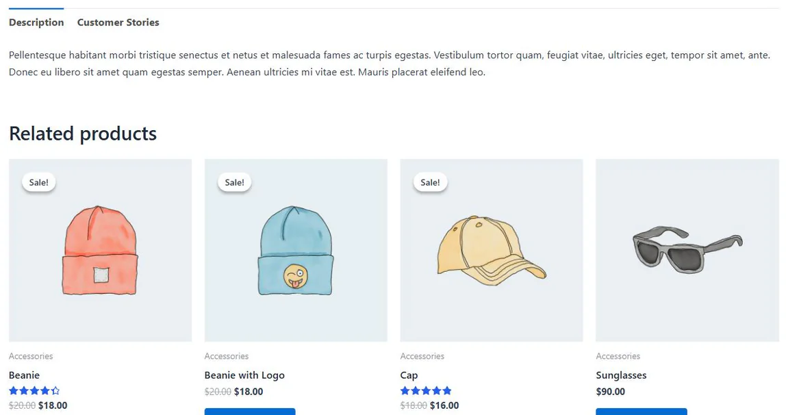 A WooCommerce product page with the reviews tab renamed to Customer Stories, and product card star ratings shown in a custom blue rather than the default yellow