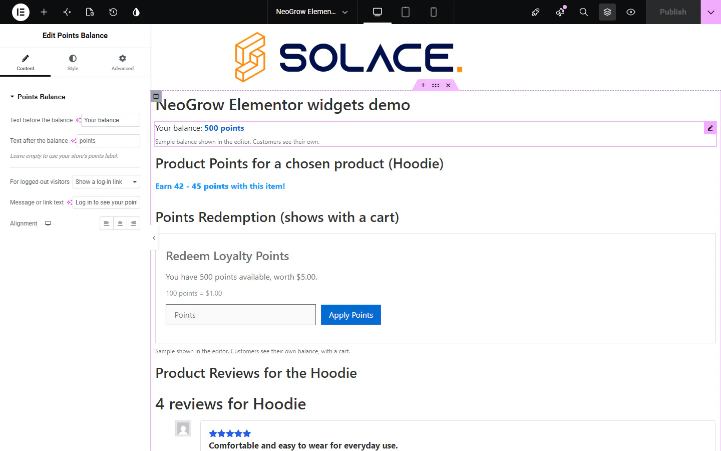 Points Balance widget settings: text before and after the balance, and For logged-out visitors set to Show a log-in link