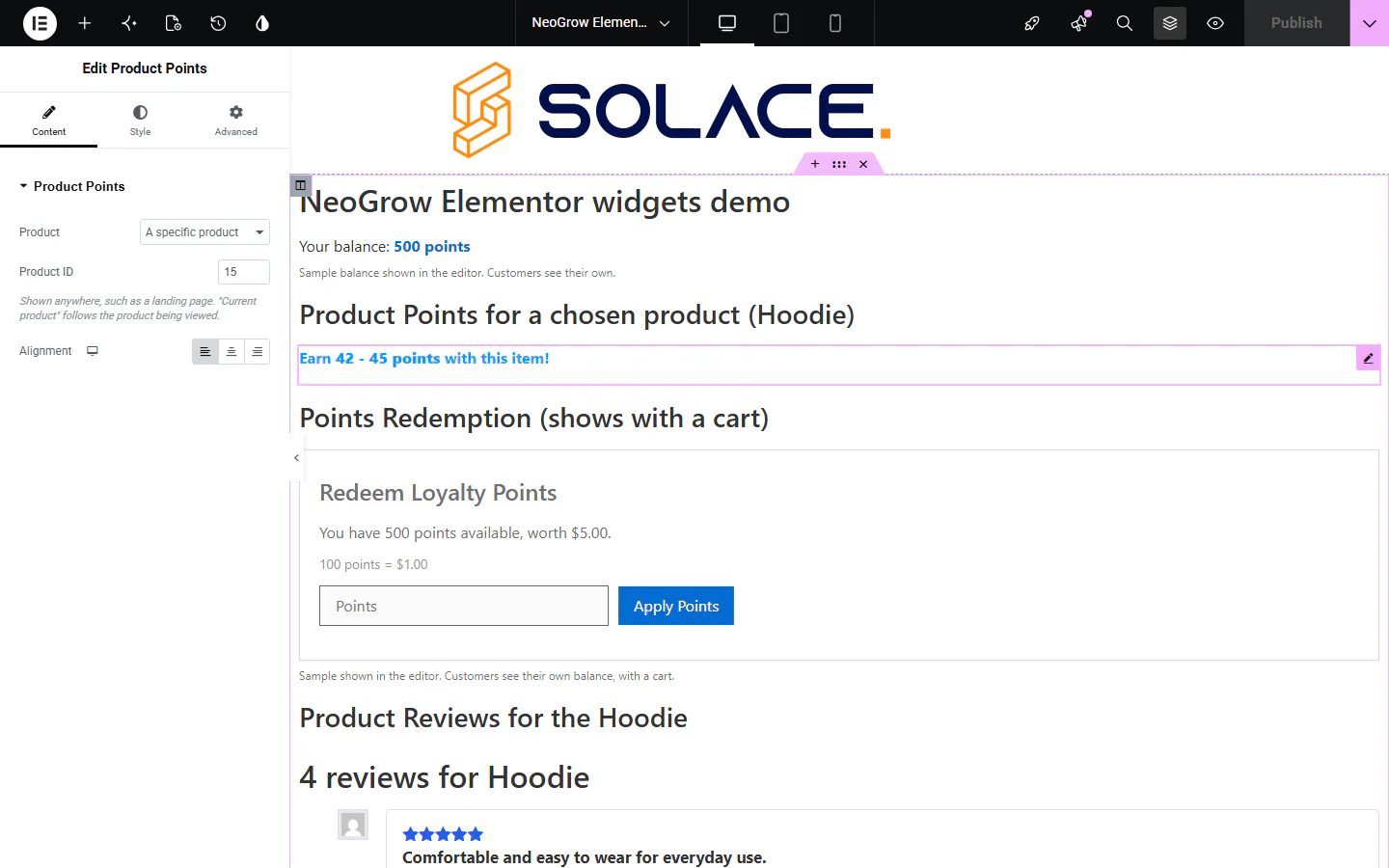 Product Points widget settings: Product set to A specific product, Product ID 15, and Alignment
