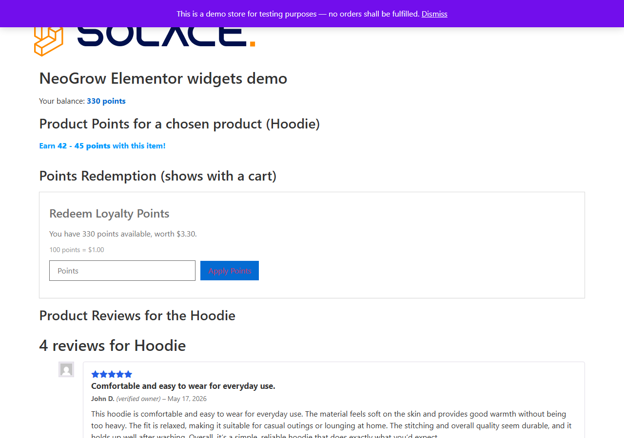 A landing page using all four NeoGrow widgets: balance, points for the Hoodie, the redemption card and the Hoodie's reviews