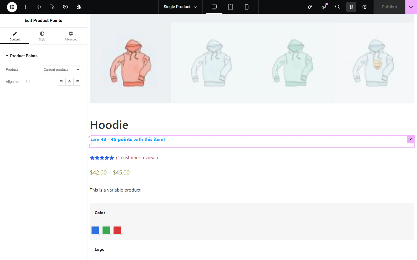 An Elementor Pro Single Product template with the Product Points widget selected under the product title