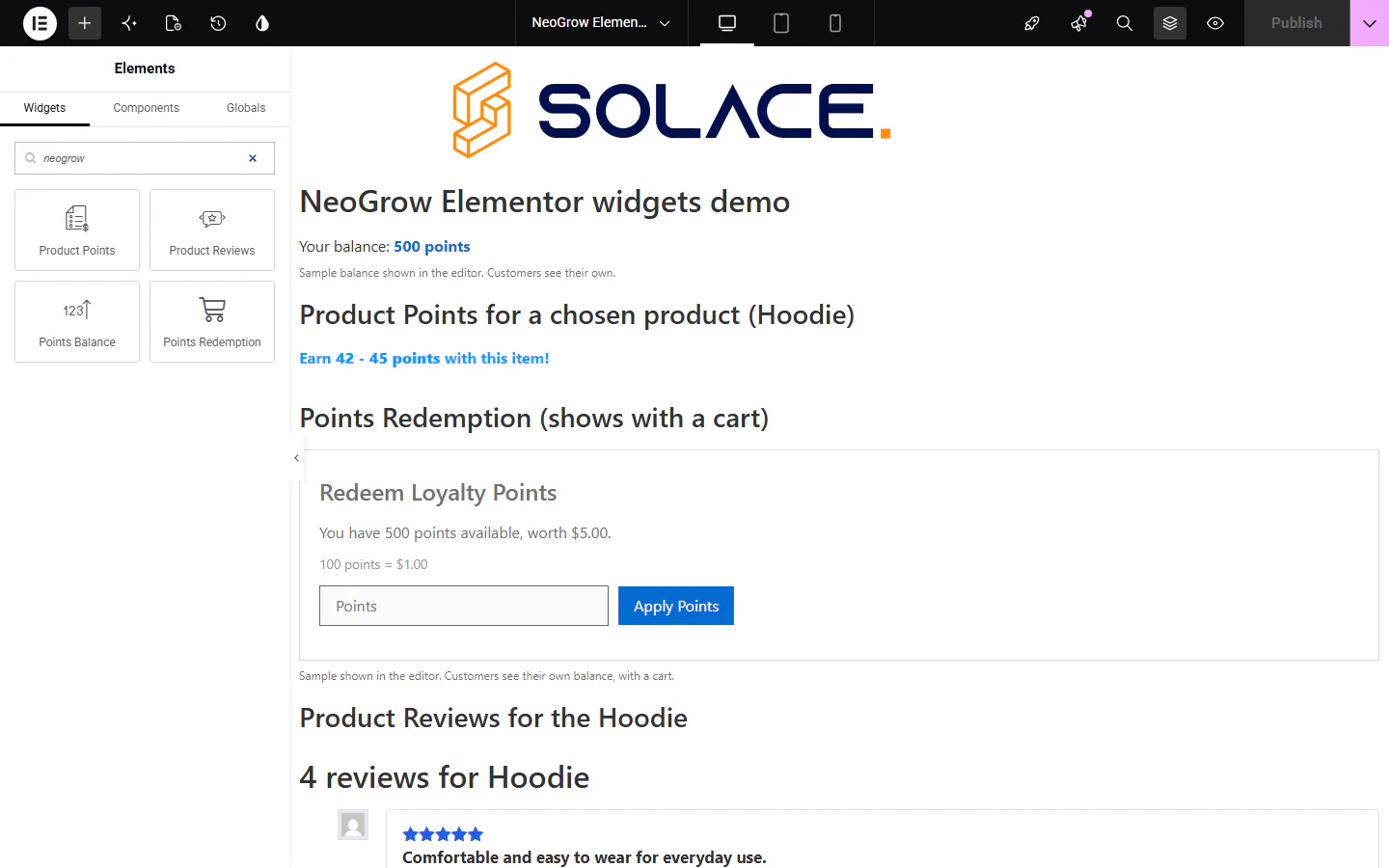 The Elementor panel searched for neogrow, showing Product Points, Product Reviews, Points Balance and Points Redemption