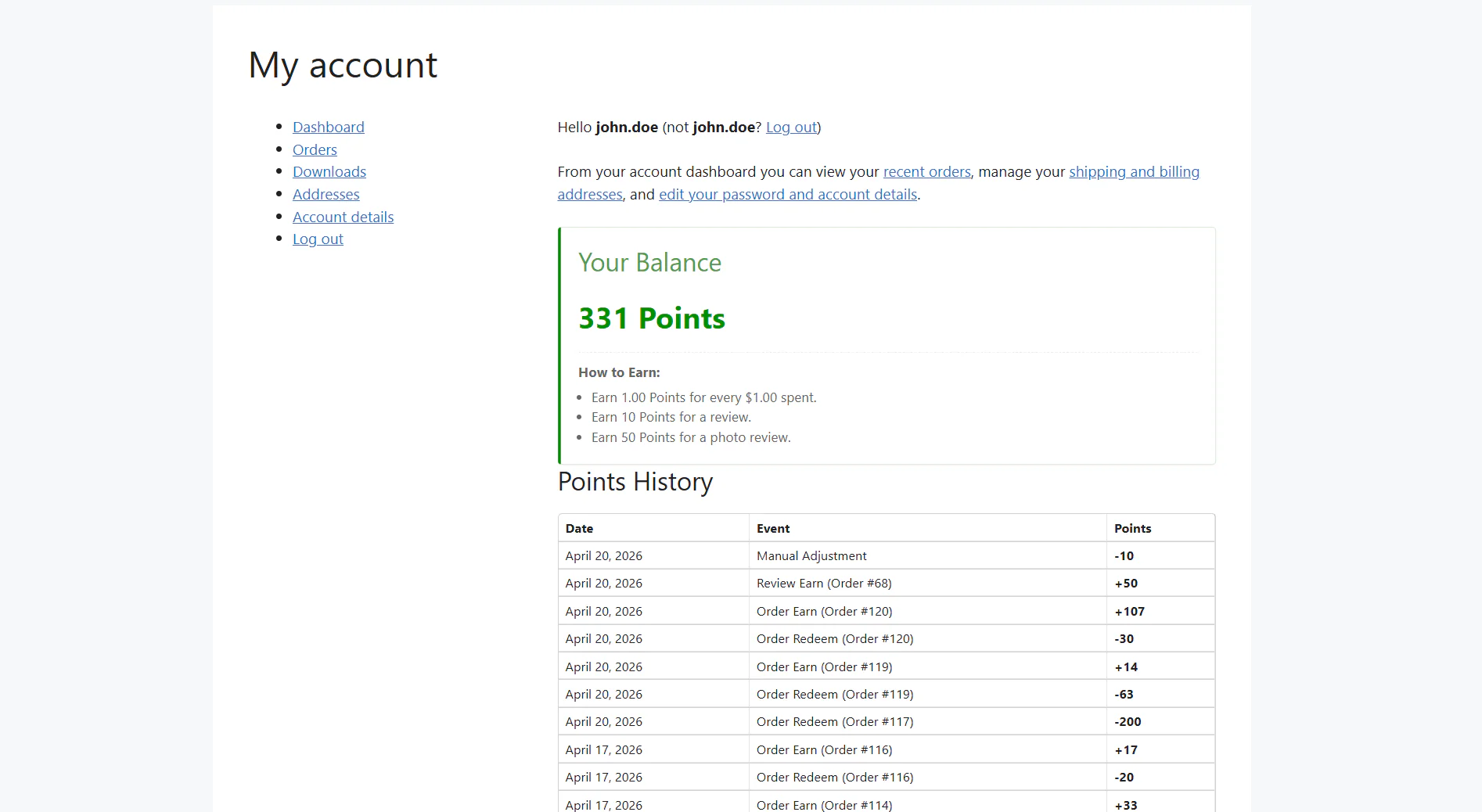 My Account Points History
