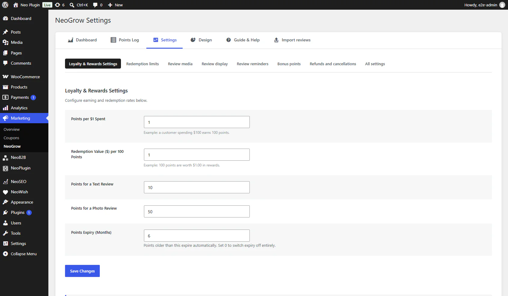The Points Expiry setting added by NeoGrow Pro